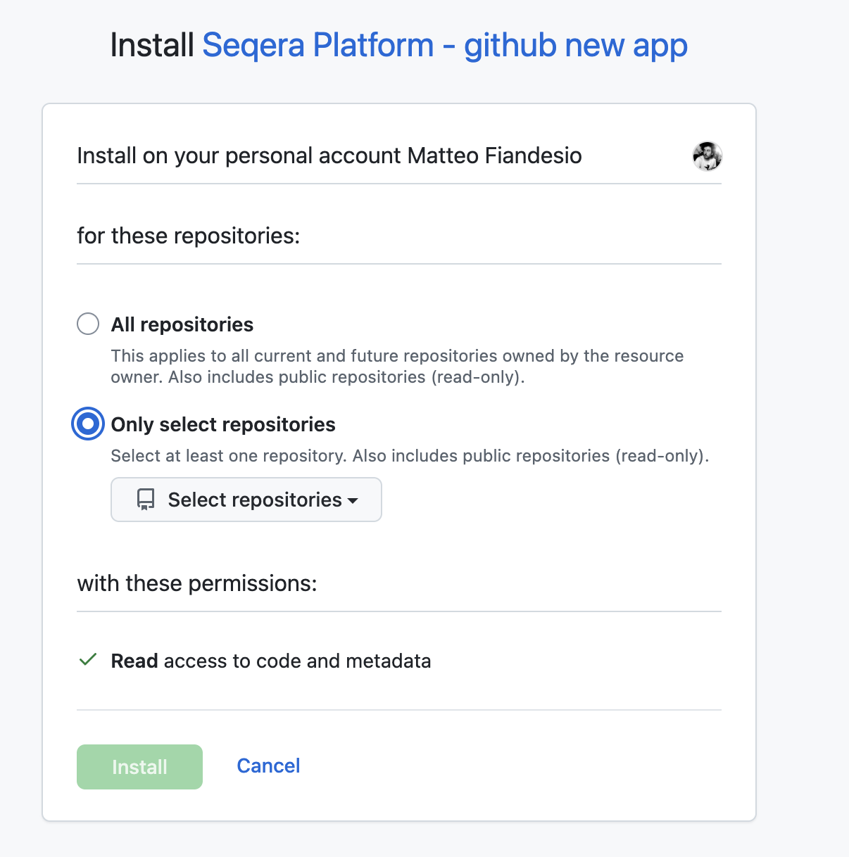GitHub App installation page showing "Only select repositories" with one or more repositories selected